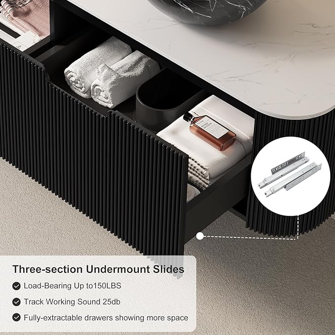 60" Floating Bathroom Vanity with Double Sink, Natural Solid Wood Modern Bathroom Vanities with Ultra-Thin Marble Sink and Countertop, Soft-Close Design, Pre-Assembled Cabinet, Black