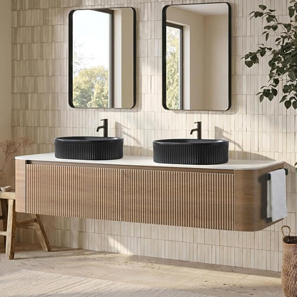 72" Floating Bathroom Vanity with Double Black Sink, Honey Oak | Pre-Assembled Fluted Wall Mounted Vanity with Ceramic Sink, Sintered Stone Countertop, Soft-Close Drawers & Towel Rack