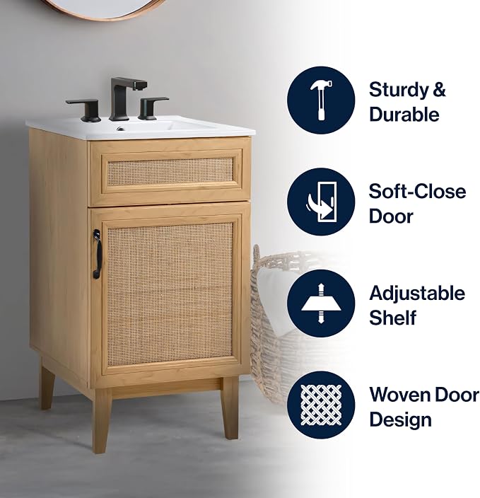 JONATHAN Y Javer Bohemian Rattan Freestanding Bath Vanity, 20", Oak | 18" Deep, 33" High, Single Soft-Close Door, Caned Paneling, 2-Shelf Storage, Basin Not Included, Modern Farmhouse Style