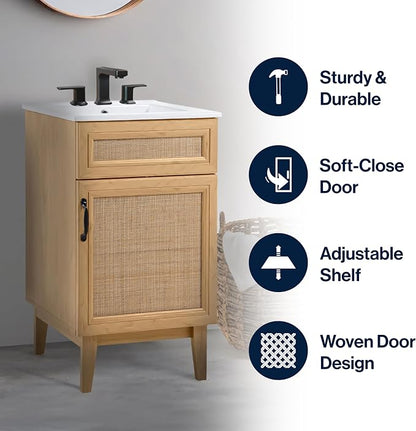 JONATHAN Y Javer Bohemian Rattan Freestanding Bath Vanity, 20", Oak | 18" Deep, 33" High, Single Soft-Close Door, Caned Paneling, 2-Shelf Storage, Basin Not Included, Modern Farmhouse Style