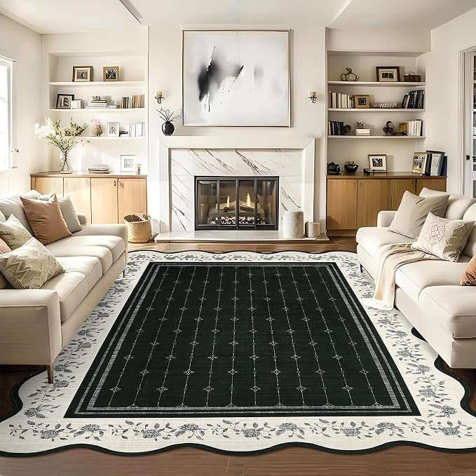 Garvee Scollaped Rugs for Living Room 5x7 Area Rugs for Bedroom Soft Black | Non-Slip Low Pile Neutral Kids Rug Non-Shedding Bordered Nursery Carpet Foldable Thin Mat for Dining Room Kitchen Playroom