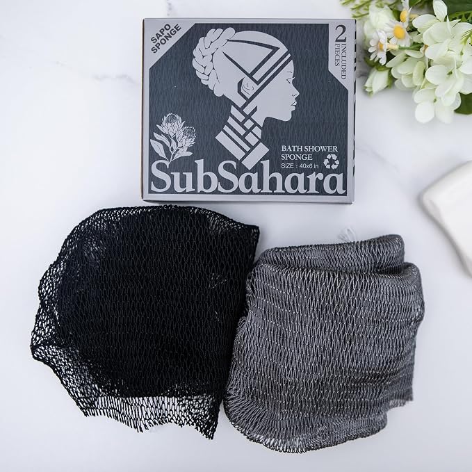 Authentic African Net Sponge, 2 Pack 45-Inch Exfoliating Bath Sponge and Shower Loofah for Body and Back, Colorfast Quick-Dry Knotted Mesh Scrubber with Travel Pouch (Black & Grey)