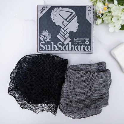 Authentic African Net Sponge, 2 Pack 45-Inch Exfoliating Bath Sponge and Shower Loofah for Body and Back, Colorfast Quick-Dry Knotted Mesh Scrubber with Travel Pouch (Black & Grey)