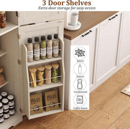 Function Home Farmhouse Kitchen Pantry Cabinet, 64" Tall Slim Bathroom Storage Cabinet, 5 Tier Wooden Floor Cabinets with Barn Doors and Adjustable Shelves for Dining Room Living Room, Antique White