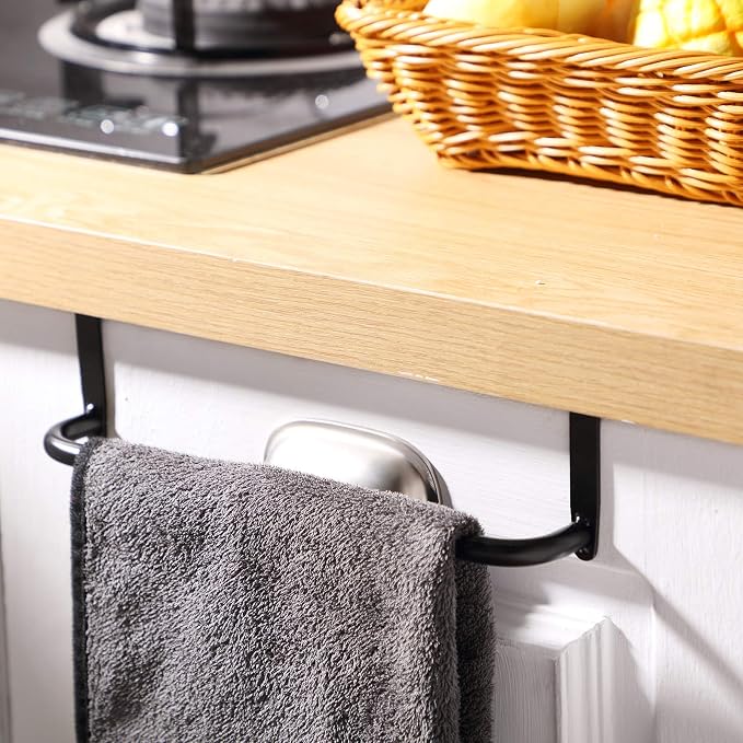 Patelai Over Cabinet Door Towel Bar, Metal Kitchen Rack,Black | Hang Inside or Outside Cabinet for Hand Towels, No Drill Install, Bathroom Organizer, Saves Counter Space, Fits Doors