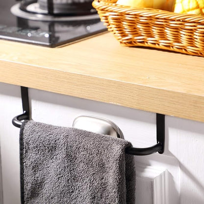 Patelai Over Cabinet Door Towel Bar, Metal Kitchen Rack,Black | Hang Inside or Outside Cabinet for Hand Towels, No Drill Install, Bathroom Organizer, Saves Counter Space, Fits Doors