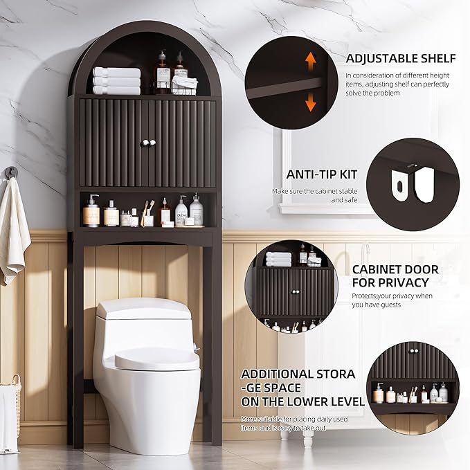 Spurgehom Arch Over The Toilet Storage Cabinet, Bathroom Organizer (Coffee) | Freestanding Bathroom Shelf Equipped with Anti-Tipping Device, Space-Saving Vertical Toiletries Storage Cabinet