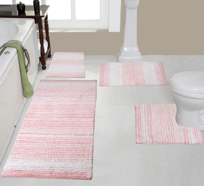 Home Weavers 100% Cotton Gradiation Collection Bathroom Décor | Washable Rug | Bathroom Mat | Kitchen Mat | Bathroom Rug Set | Bath Mat Set | Bath Floor Mat Non Slip, 4 Piece Set with Runner, Pink