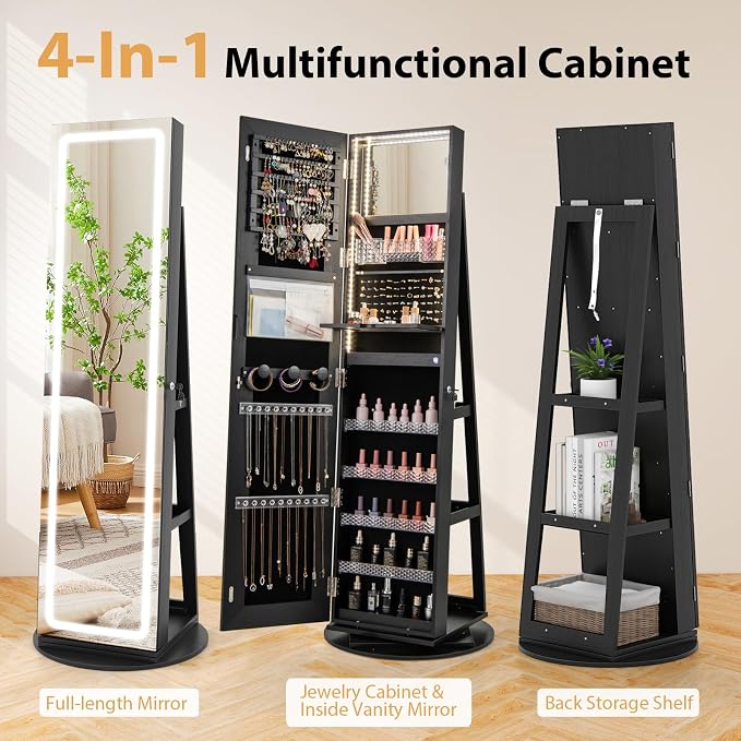 GOFLAME 360° Swivel Jewelry Cabinet Armoire with Full Length Mirror, Standing Jewelry Storage Organizer with Rear Storage Shelves, 3-Color LED Lights, Foldable Shelf, Interior Mirror, Black