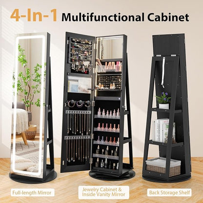 GOFLAME 360° Swivel Jewelry Cabinet Armoire with Full Length Mirror, Standing Jewelry Storage Organizer with Rear Storage Shelves, 3-Color LED Lights, Foldable Shelf, Interior Mirror, Black