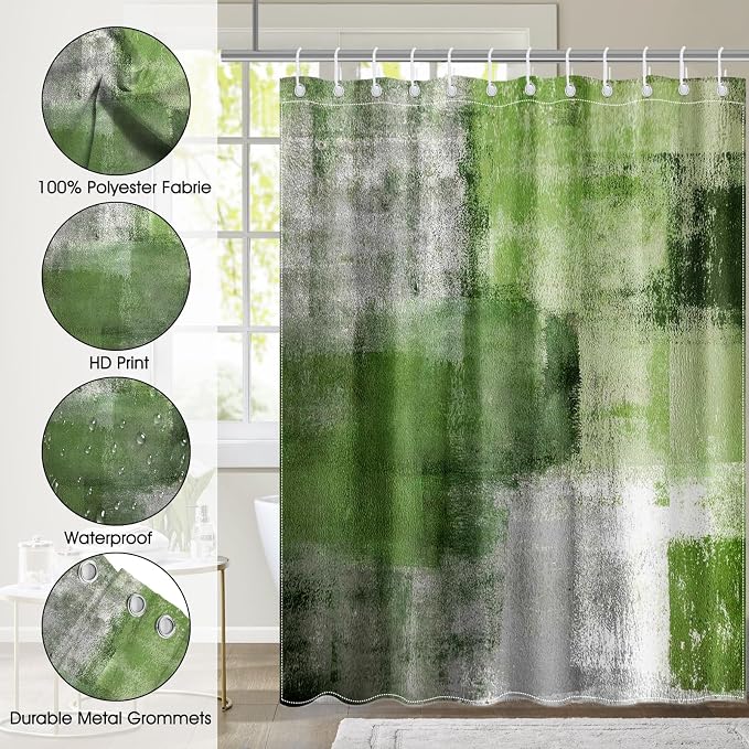 Mocsicka Abstract Shower Curtain Grey Abstract Art Painting Shower Curtain Bathroom Bathtub Curtain 72x72 Inch with 12 Hooks (Green)