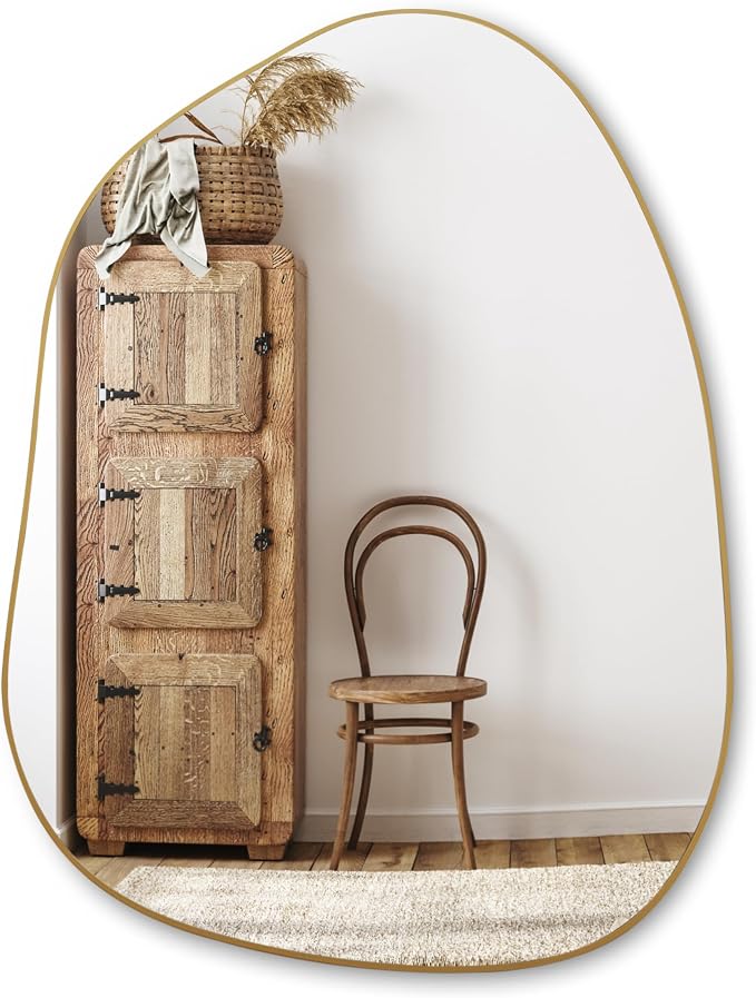 PERFNIQUE Irregular Asymmetrical Wall Mirror, 32"x24" Gold Bathroom Mirror | Decorative modern boho mirror with gold finish. HD glass mirror for bedroom, living room, entryway, mantel and vanity decor