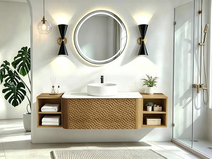 60 Inch Modern Bathroom Vanity with Ceramic Sink, Floating Bathroom Sink Cabinet with Sintered Stone Top&Solid Wood Hammered Frame, Single Bathroom Vanities w/Soft-Close Drawer&2 Side Open Cube