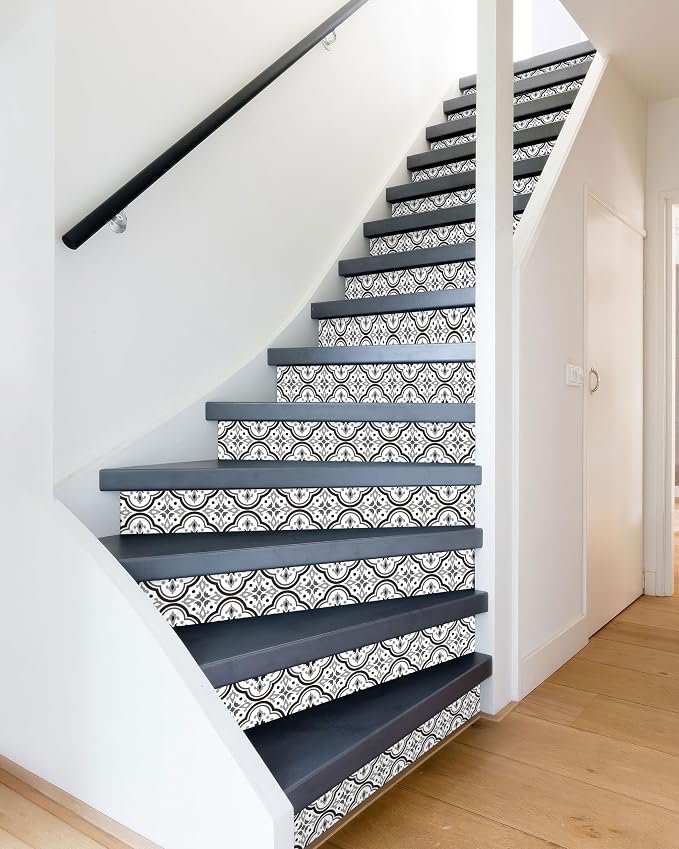 FLFK Stair Riser Decals,Black Patterns Vinyl Sticker for Stairs Decoration,14Pcs 39.3"X7.08"