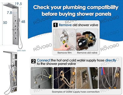 ROVOGO Shower Panel with 4 Body Jets and 4 Mist Spray, Rainfall Waterfall Shower Column Tower with Handheld, Tub Spout and Water Temperature Display, 304 Stainless Steel Brushed
