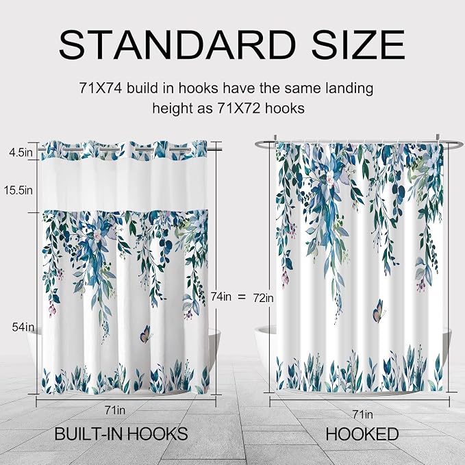 No Hook Shower Curtain and Liner Set, Dark Blue Eucalyptus 71x74 | Floral Design, with Snap in Liner, Waterproof, Machine Washable, Quick-Drying, for Hotel Bathroom