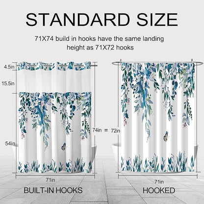 No Hook Shower Curtain and Liner Set, Dark Blue Eucalyptus 71x74 | Floral Design, with Snap in Liner, Waterproof, Machine Washable, Quick-Drying, for Hotel Bathroom