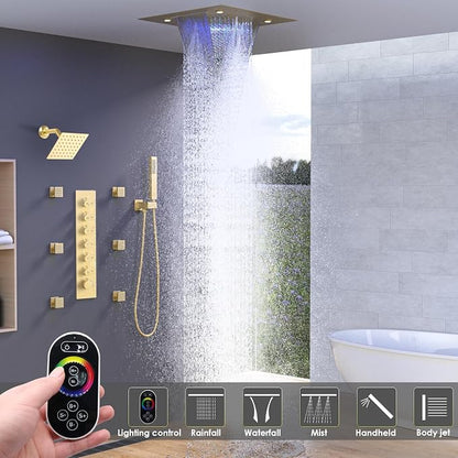 Enga Luxury Dual Shower Head System with Body Jets LED Thermostatic Shower System with 6 inch Wall Shower, 20-Inch 3 Function Shower Head (Rainfall & Mist & Waterfall), Brushed Gold