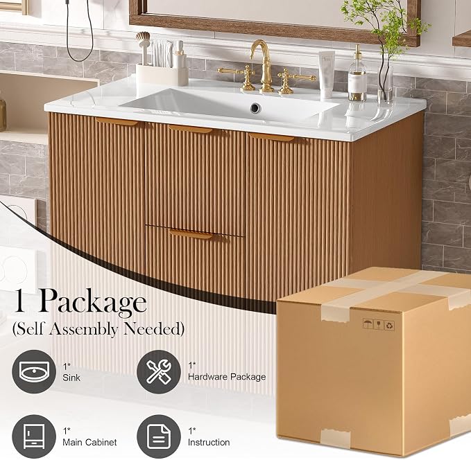 36" Wall Mounted Bathroom Vanity with Ceramic Sink, Modern Floating Bathroom Cabinet with Soft Close Doors & Divided Drawers, MDF Wood Vanity Set for Small Bathroom, Natural Oak