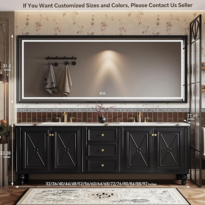 Double Sink Bathroom Vanity, Luxurious Bathroom Vanity with LED Smart Defog Mirror, Solid Freestanding Wood Vanity Sink Cabinet