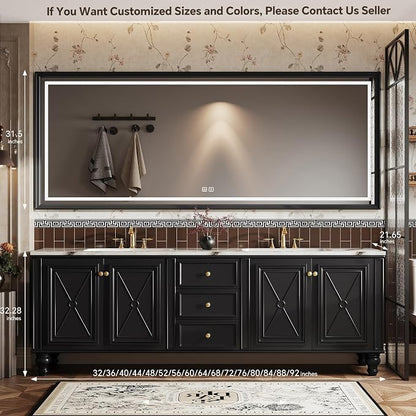 Double Sink Bathroom Vanity, Luxurious Bathroom Vanity with LED Smart Defog Mirror, Solid Freestanding Wood Vanity Sink Cabinet