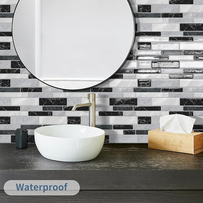 DEWOO Kitchen Backsplash 3D Self Adhesive Peel and Stick Wall Tile 10 Sheet | Mosaic,Sticky,Vinyl,Rental friendly,Marble,for Bathroom,12"x12"