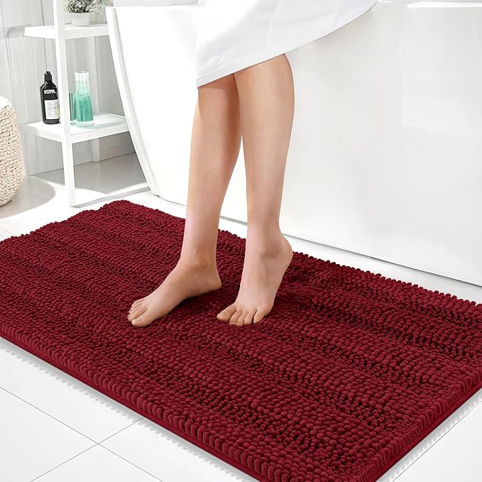 OLANLY Thick Bathroom Runner Rugs 44x24, Soft Chenille Long Bath Rugs, Red | Absorbent Striped, Rubber Backing, Machine Wash, Bath Mats for Bathroom Floor, Tub and Shower, Home Decor Accessories