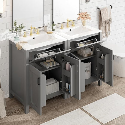 48" Bathroom Vanity Set with Double Sink, Harper & Bright Designs Free Standing Single Basin Vanity Set with 2 Soft-Close Doors and Drawer, Wooden Storage Cabinet with Ceramic Basin for Bathroom, Grey