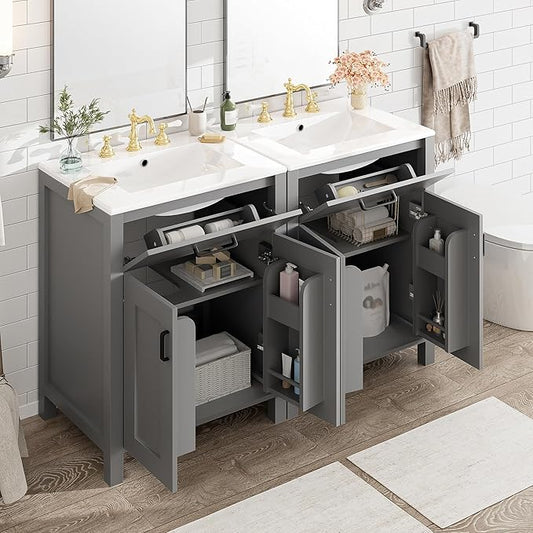 48" Bathroom Vanity Set with Double Sink, Harper & Bright Designs Free Standing Single Basin Vanity Set with 2 Soft-Close Doors and Drawer, Wooden Storage Cabinet with Ceramic Basin for Bathroom, Grey
