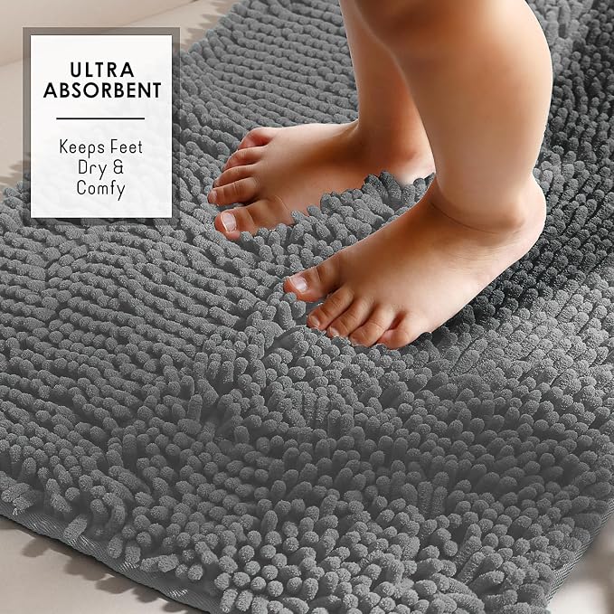 Hearth & Harbor Bathroom Rugs, Chenille Bath Mat - Machine Washable Bath Mats for Bathroom Non-Slip Backing Rubber, Quick Dry Bathroom Mat, 17 x 24 - Frost Grey