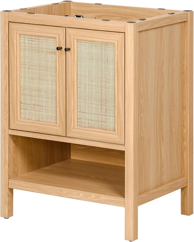 JONATHAN Y VAN1023A Jasper 24 in. W x 18 in. D x 33 in. H Rattan Modern Coastal 2-Shelf Bathroom Vanity Cabinet Only with Soft Closing Doors (Sink Basin Not Included), Oak