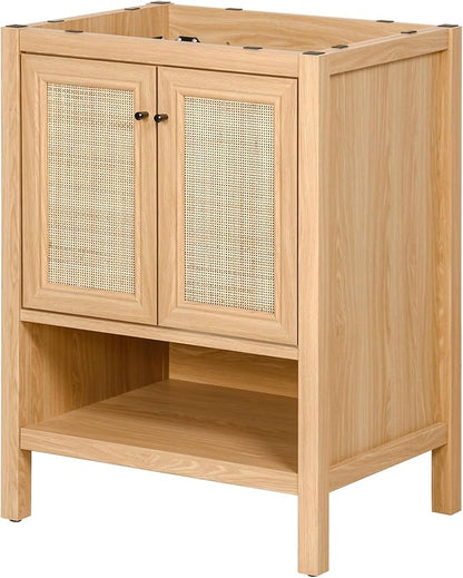 JONATHAN Y VAN1023A Jasper 24 in. W x 18 in. D x 33 in. H Rattan Modern Coastal 2-Shelf Bathroom Vanity Cabinet Only with Soft Closing Doors (Sink Basin Not Included), Oak