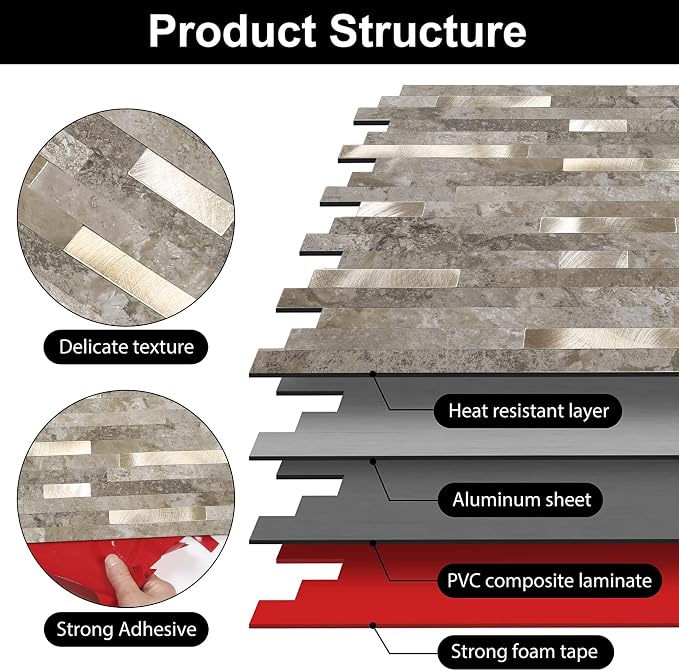 KASARO Peel and Stick Marble Backsplash Tile, 10 Sheets, Slate Marble with Vintage Silver Stripes, Self-Adhesive Wall Tile for Kitchen, Bathroom, Fireplace, RV (11.4” x 10.6”)