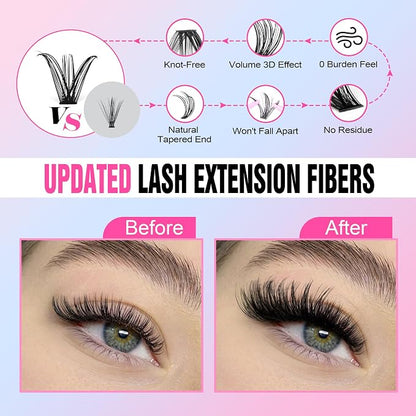 Lash Extension Kit DIY 40D 12-18mm Individual Lashes Clusters Kit 280pcs Cluster Eyelash Extensions Kit with Lash Bond and Seal, Tweezers for Self Application (Long 40D, 12-18mm, Kit)