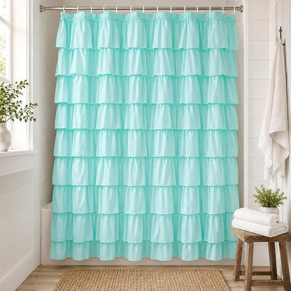 Teal Ruffle Shower Curtain, Elegant Boho Bathroom Decor, Extra Long Textured Fabric, Rustic Farmhouse Style, Chic Girly Aqua Curtains, Privacy & Decorative Design, 72 x 72 inch
