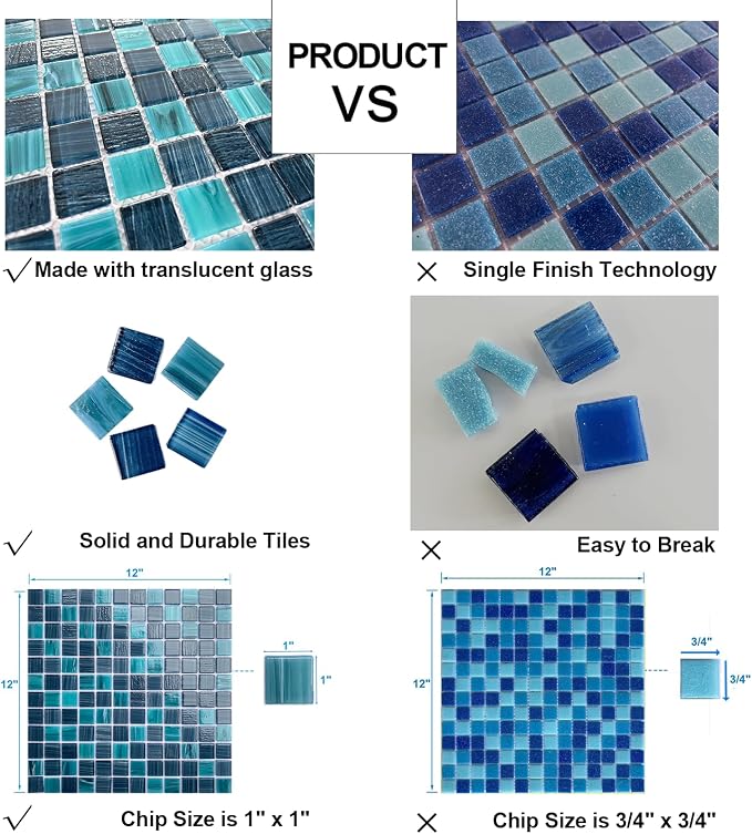 LSDECO 5 Sheets Glass Mosaic Tiles Backsplash, Pool Tiles, 12" x 12" Kitchen Backsplash Tile, Glass Tiles for Bathroom Border Shower Wall (5 Sq.Ft Topazstone)