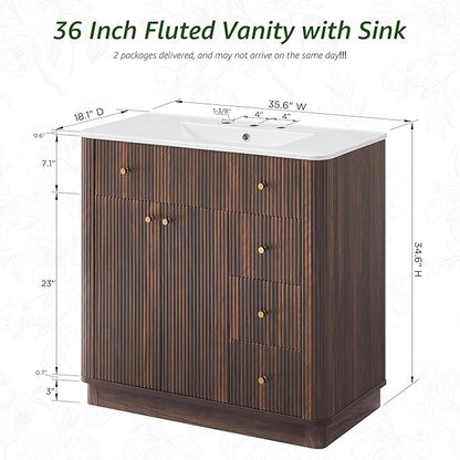 T4TREAM 36 Inch Bathroom Vanity with Sink, Modern Fluted Single Bathroom Vanity with Sink with Storage Cabinet, Adjustable Shelf and 3 Small Drawers, Dark Walnut