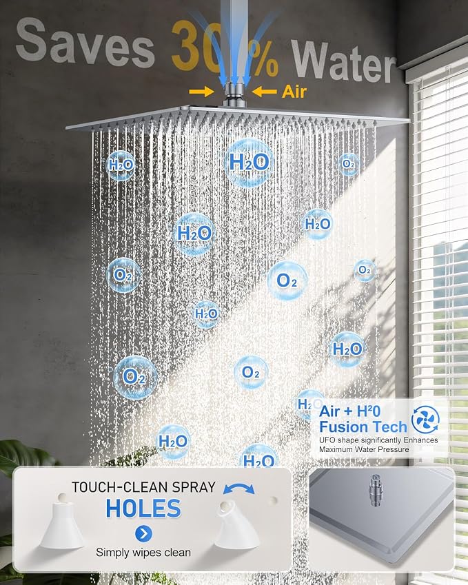 Woindo 4 Function Shower Faucet Set 12" Rain Shower Head/6'' Side Shower Head and 3 Setting Handheld Ceiling Mount Push Button Diverter Complete Rainfall Round Shower System Included Valve Trim Kit
