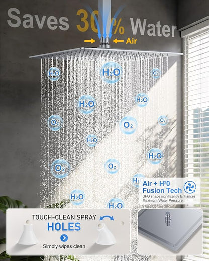 Woindo 4 Function Shower Faucet Set 12" Rain Shower Head/6'' Side Shower Head and 3 Setting Handheld Ceiling Mount Push Button Diverter Complete Rainfall Round Shower System Included Valve Trim Kit