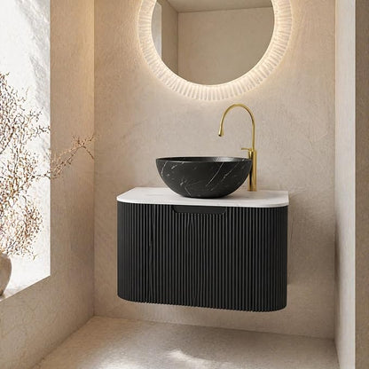 24 Inch Bathroom Vanity with Sink, Floating Wall Mounted Single Sink Vanity for Small Baths, Black Curved Fluted Front, Stone Top, Black Marble Vessel Basin, Pre-Assembled