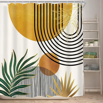 Mid Century Boho Abstract Modern Sun Minimalist Bathroom Shower Curtain Set | 72Wx72H Arch Curve design, waterproof HD print with fast-drying fabric and 12 hooks.