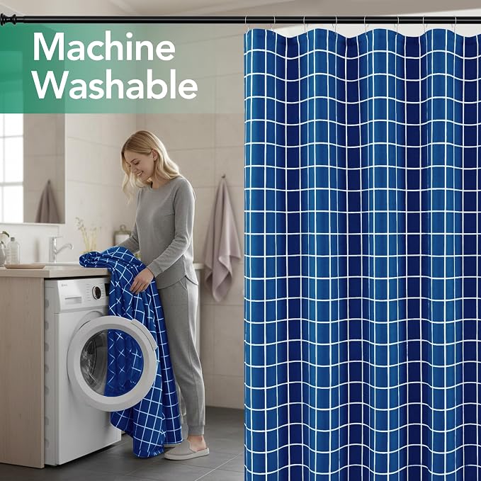 Fabric Farmhouse Shower Curtain-Extra Long Shower Curtains Bathroom Navy | 72"Wx84"L Faux Linen Grid Minimalist Simple Rustic Neutral Shower Curtain Decor-Cloth Geometric Plaid Washable Hotel Quality