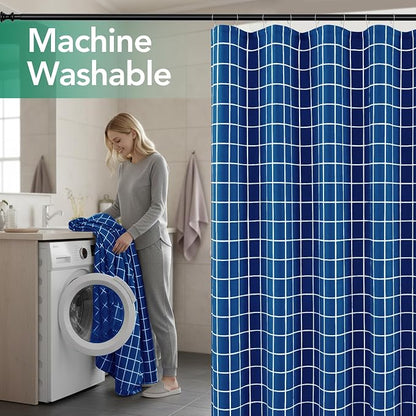 Fabric Farmhouse Shower Curtain-Extra Long Shower Curtains Bathroom Navy | 72"Wx84"L Faux Linen Grid Minimalist Simple Rustic Neutral Shower Curtain Decor-Cloth Geometric Plaid Washable Hotel Quality