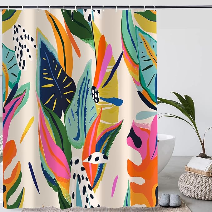 Colorful Abstract Shower Curtain, Floral Boho Modern Asthetic Plant Bathroom Curtain, Waterproof Polyester Fabric Shower Curtain Set with Hooks 72X84Inch