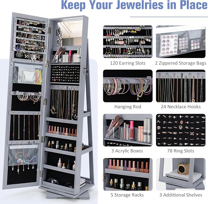 360° Rotating Jewelry Armoire, Freestanding Jewelry Cabinet with Inside Makeup Mirror, 2-in-1 Lockable Jewelry Organizer w/Full-Length Mirror for Women (Gray)