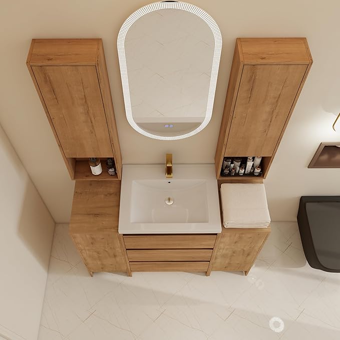 48" Bathroom Vanity Set, 48 Inch Modern Freestanding Vanity with 3 Drawers and 2 Wall-Mounted Side Cabinet, Single Resin Sink Floor Stand Cabinet Set Imitative Oak