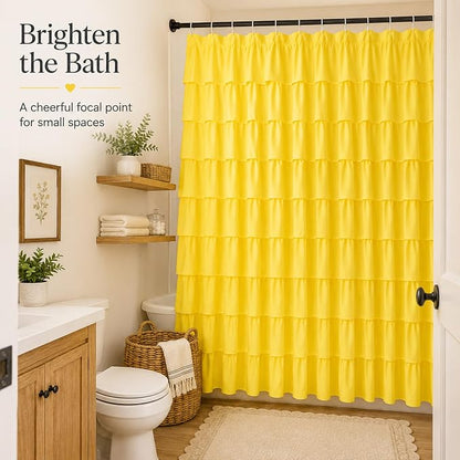 Yellow Shower Curtain for Bathroom, 72 X 72 Inch, Cascading Ruffle Design | Cottagecore & Farmhouse Crossover Style, 72x72, Hooks Included, Machine Washable, Ruffles Hold Their Shape, 12 Buttonholes