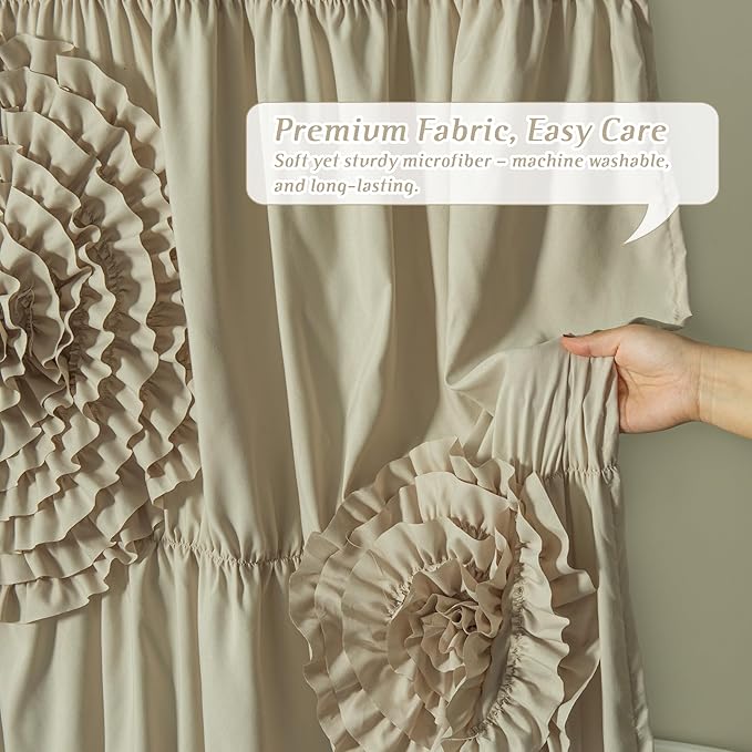 72 x 72 Camel Vintage Ruffled Floral Shower Curtain, Farmhouse Decorative Bathroom Curtain with Ruched 3D Flowers, Cottage Cloth Bath Curtain for Home Decor, Microfiber (LQ-41)