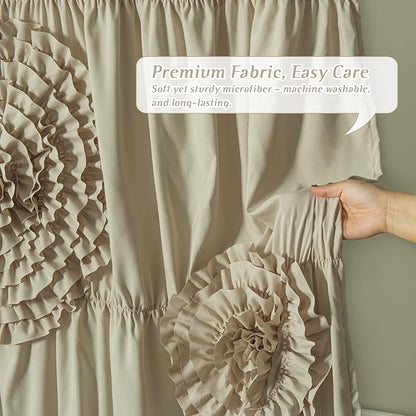 72 x 72 Camel Vintage Ruffled Floral Shower Curtain, Farmhouse Decorative Bathroom Curtain with Ruched 3D Flowers, Cottage Cloth Bath Curtain for Home Decor, Microfiber (LQ-41)