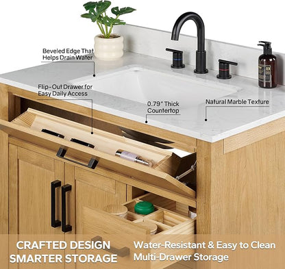 36-inch Natural Oak Bathroom Vanity with Sink, Solid Wood, 0.79-inch Stone Countertop and Backsplash, 4 Drawers, 2 Soft Closing Doors